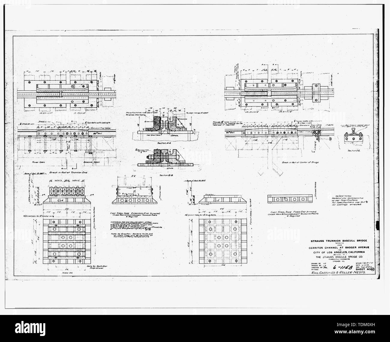 Dessins techniques original feuille 12- Pièces de rail et des galets de nids. - Henry Ford, pont enjambant le canal Cerritos, Los Angeles-Long Beach Harbour, Los Angeles, Los Angeles County, CA Banque D'Images