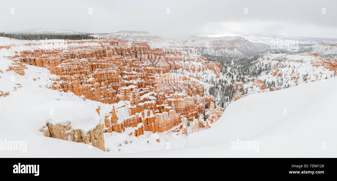 Bryce Canyon panorama avec la neige en hiver avec des roches rouges et ciel bleu, Utah, USA Banque D'Images