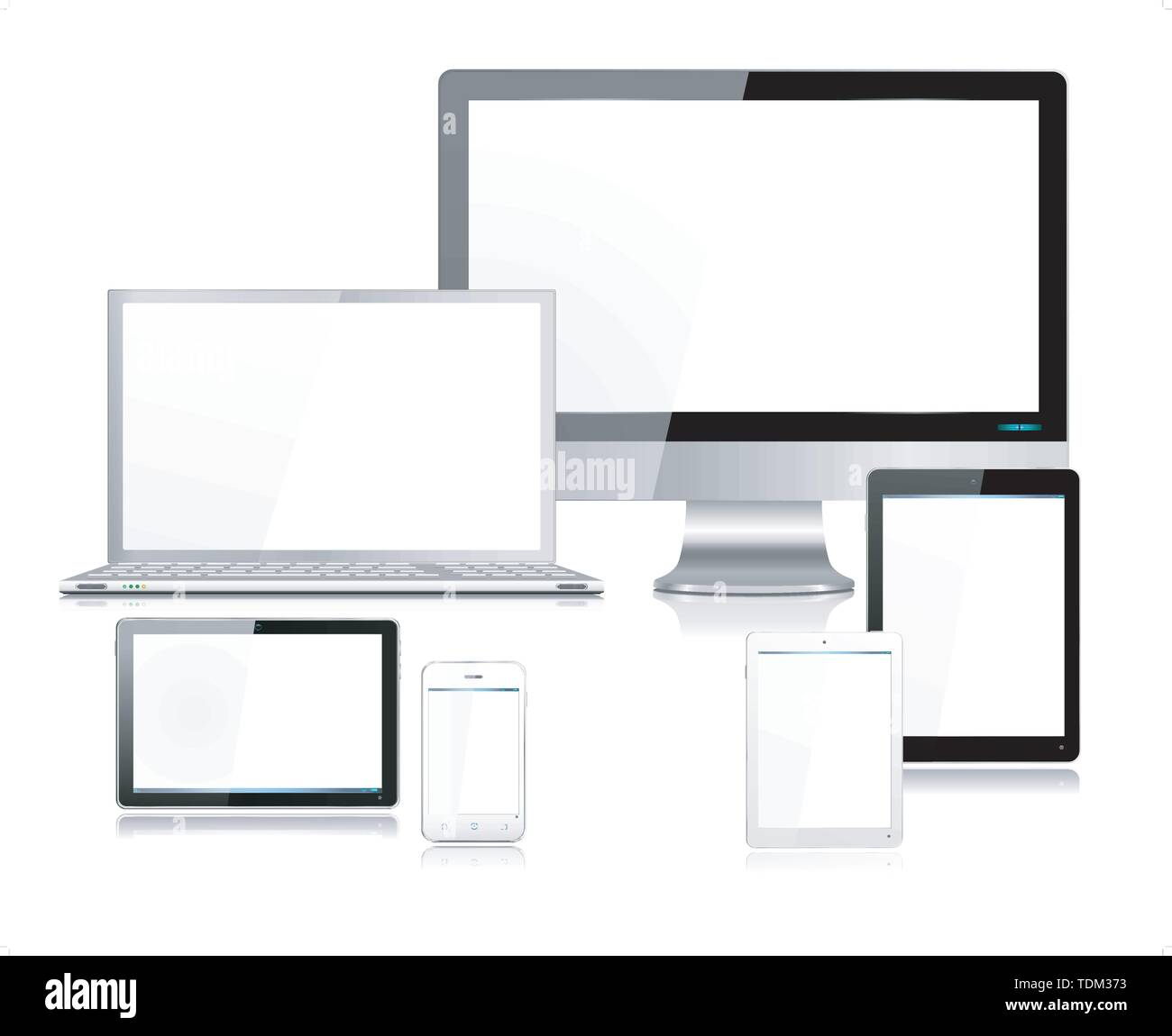 Réaliste et détaillée des périphériques informatiques mobiles avec ordinateur portable, écran de télévision, écran, tablette, smartphone et tablette mini - chaque périphérique individuellement regroupés Illustration de Vecteur