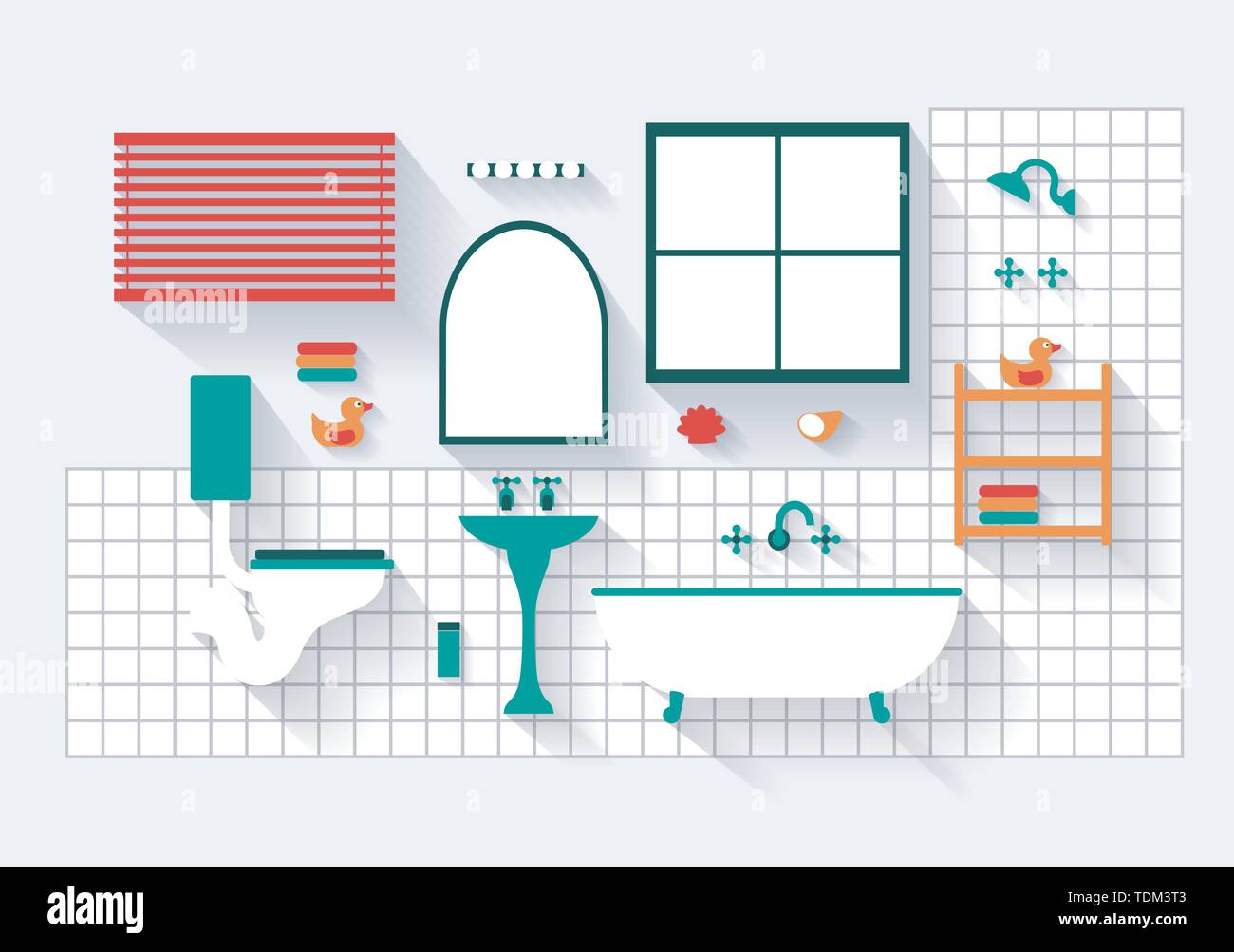 Salle de bains avec mobilier et installations de longues ombres icons Illustration de Vecteur