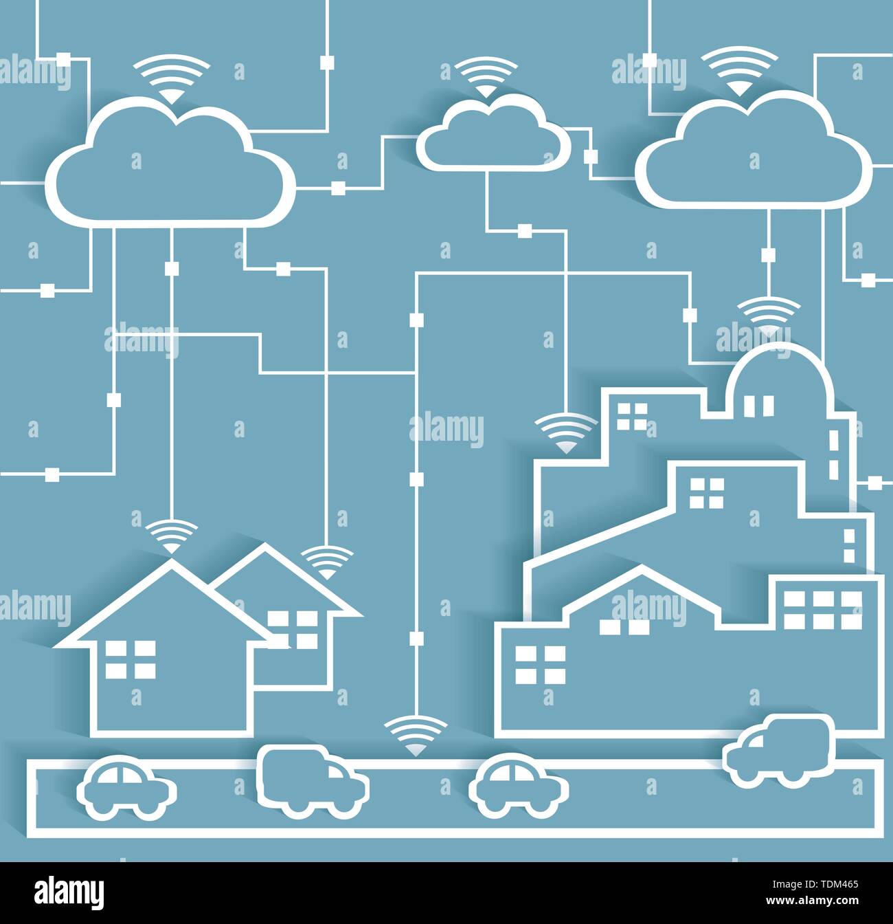 Cloud Computing découpe papier autocollants ville et banlieue. Connexion Internet Sans Fil Réseau concept, EPS10 regroupés et stratifiés Illustration de Vecteur