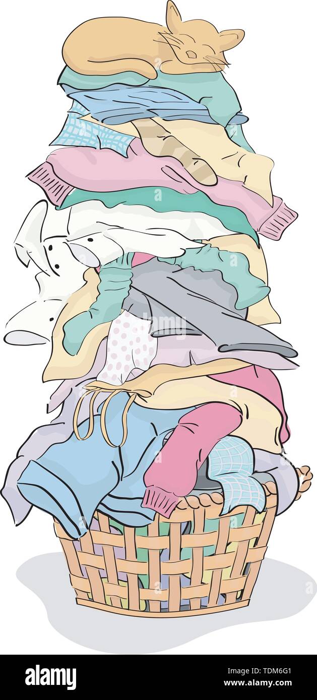 Grand tas de vêtements propres en plein panier Cat - vector regroupés et stratifiés simples à modifier Illustration de Vecteur
