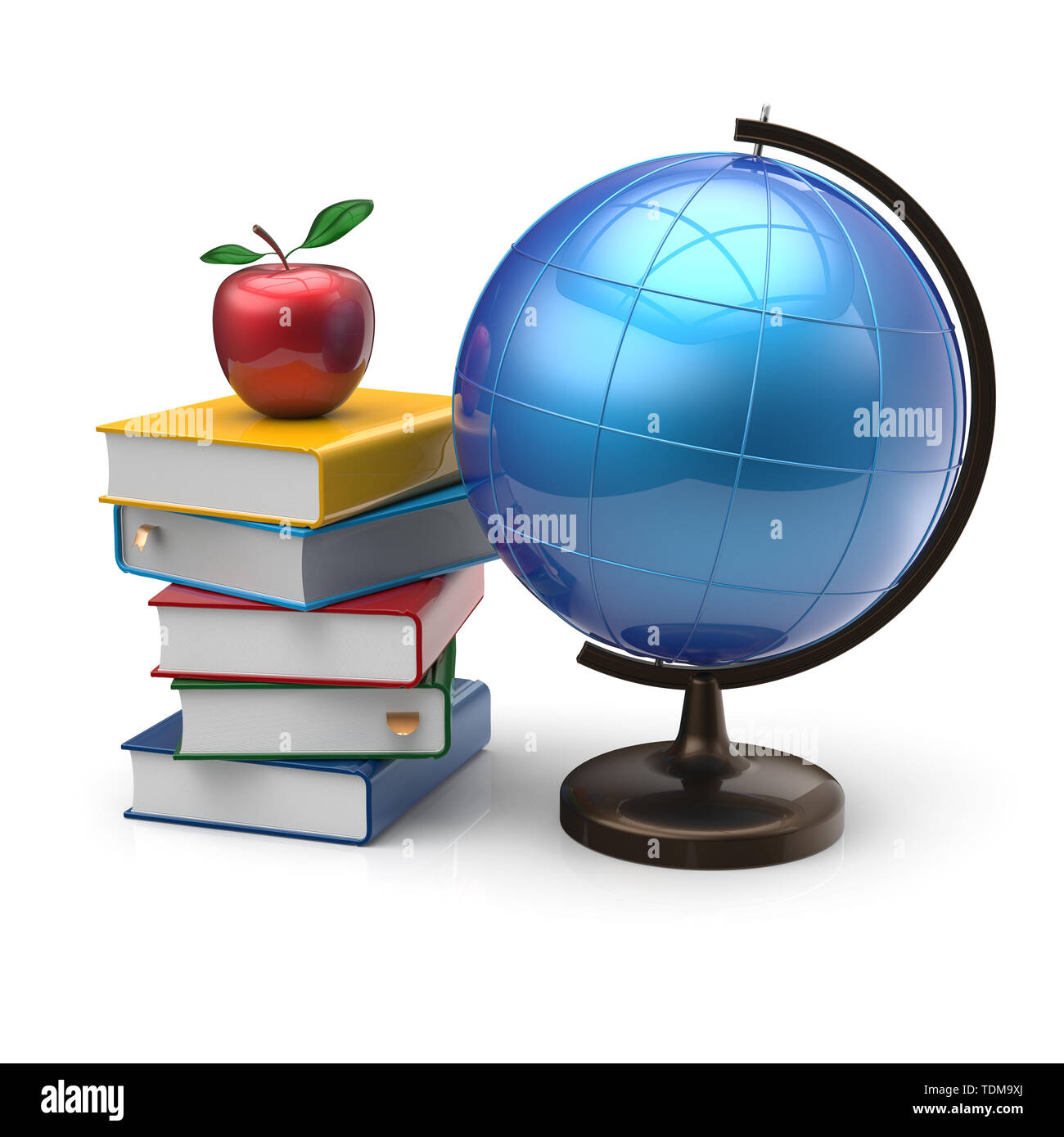 Globe Apple books blank géographie mondiale de la littérature d'aventure internationale de la sagesse l'étude de l'icône Symbole connaissances concept. 3D render isolated on white Banque D'Images
