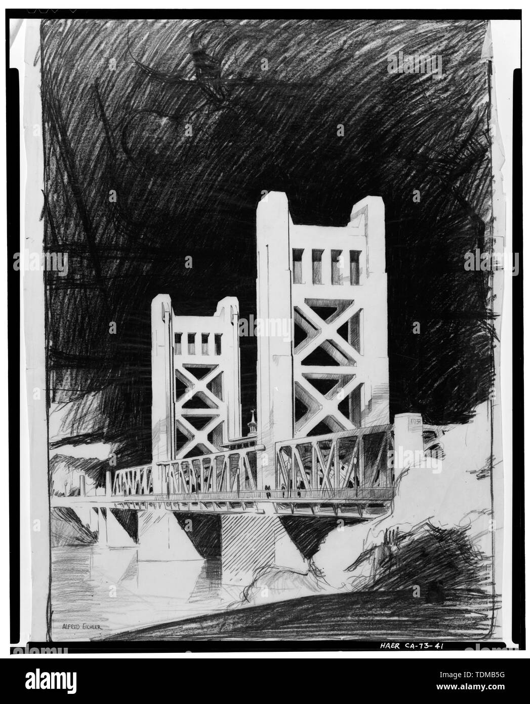 Dessin au crayon DE DESIGN dessiné par l'architecte du projet, Alfred Eichler, sans date. - De la rivière Sacramento, pont enjambant la rivière Sacramento à la California State Highway 275, Sacramento, comté de Sacramento, CA Banque D'Images