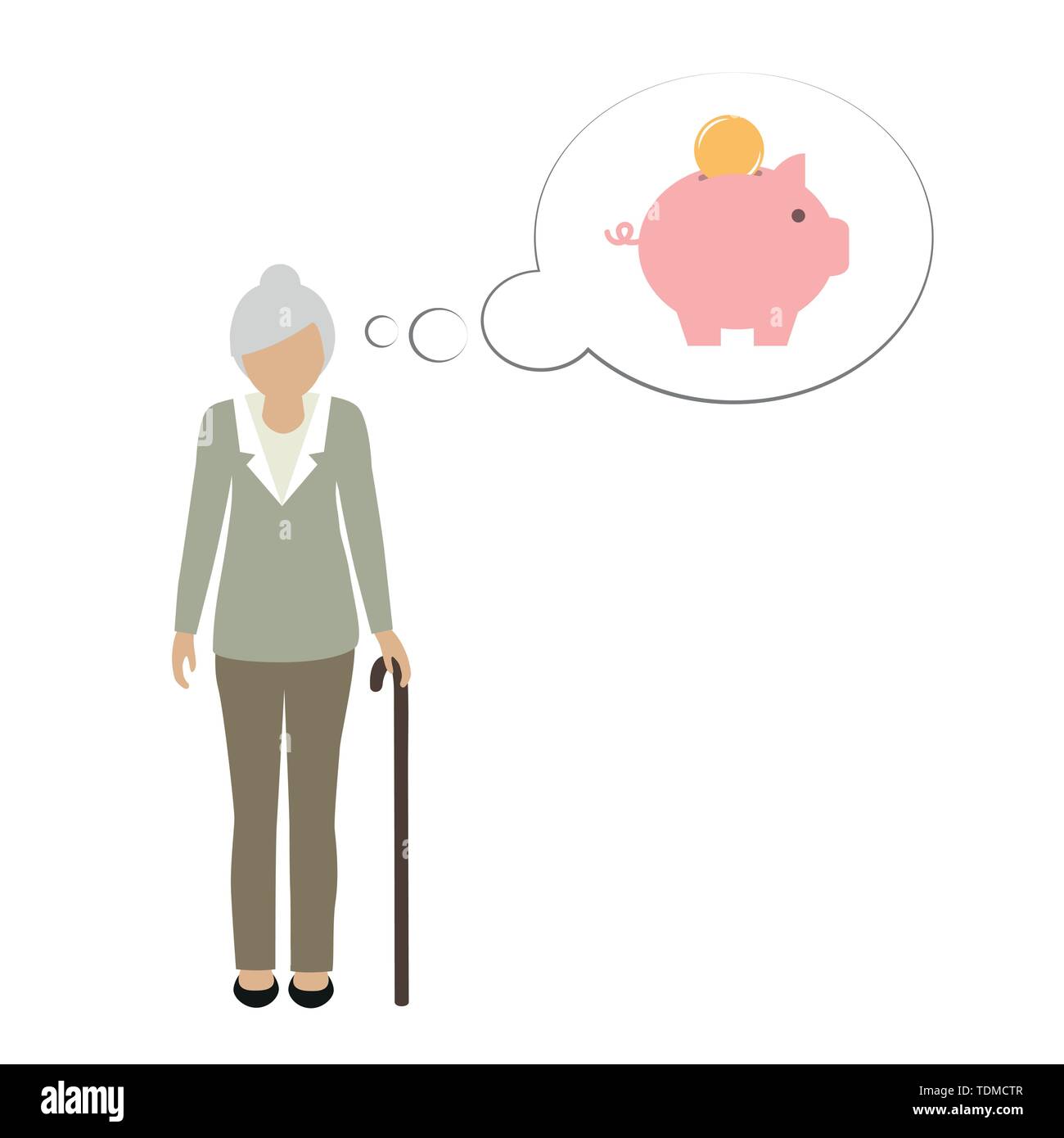 Vieille Femme de caractère grand-mère pense à économiser de l'argent dans la tirelire vector illustration EPS10 Illustration de Vecteur