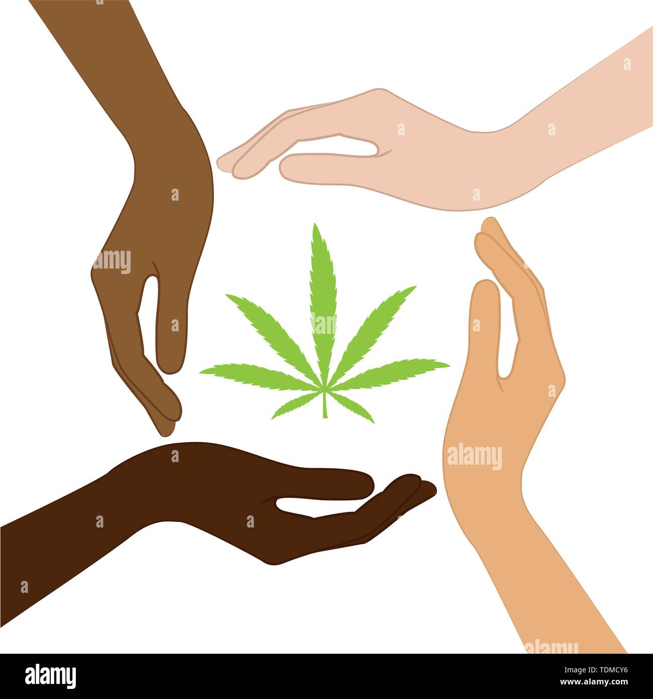 Feuille de cannabis dans le milieu de la main de l'homme avec différentes couleurs de peau vector illustration EPS10 Illustration de Vecteur