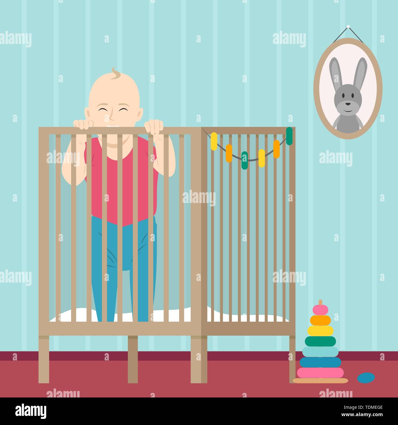 Un petit enfant est dans le lit. Chambre d'enfants avec les jouets. Télévision cartoon style vector illustration Illustration de Vecteur