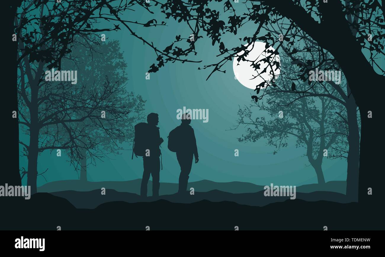 Illustration du paysage en forêt, arbres et collines, sous ciel vert de nuit avec la pleine lune et l'espace pour le texte. Deux personnes, avec sac à dos. Ma Illustration de Vecteur