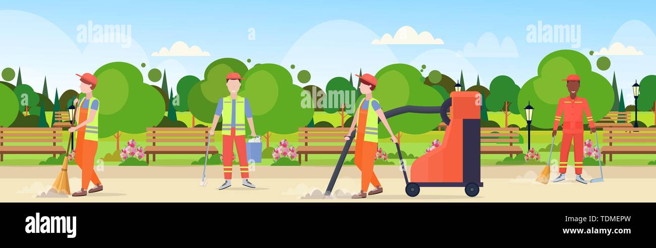 L'équipe de nettoyeurs de rue en uniforme travaillant ensemble mix race male workers service nettoyage concept ville moderne parc urbain fond paysage télévision pleine Illustration de Vecteur