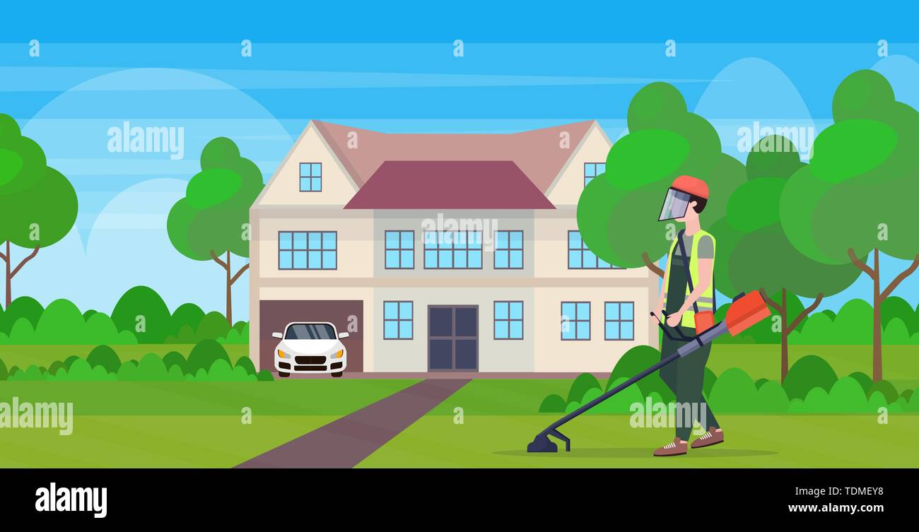 Jardinier homme en uniforme coupé de l'herbe avec débroussailleuse concept jardinage maison cottage moderne fond campagne plate horizontale pleine longueur Illustration de Vecteur