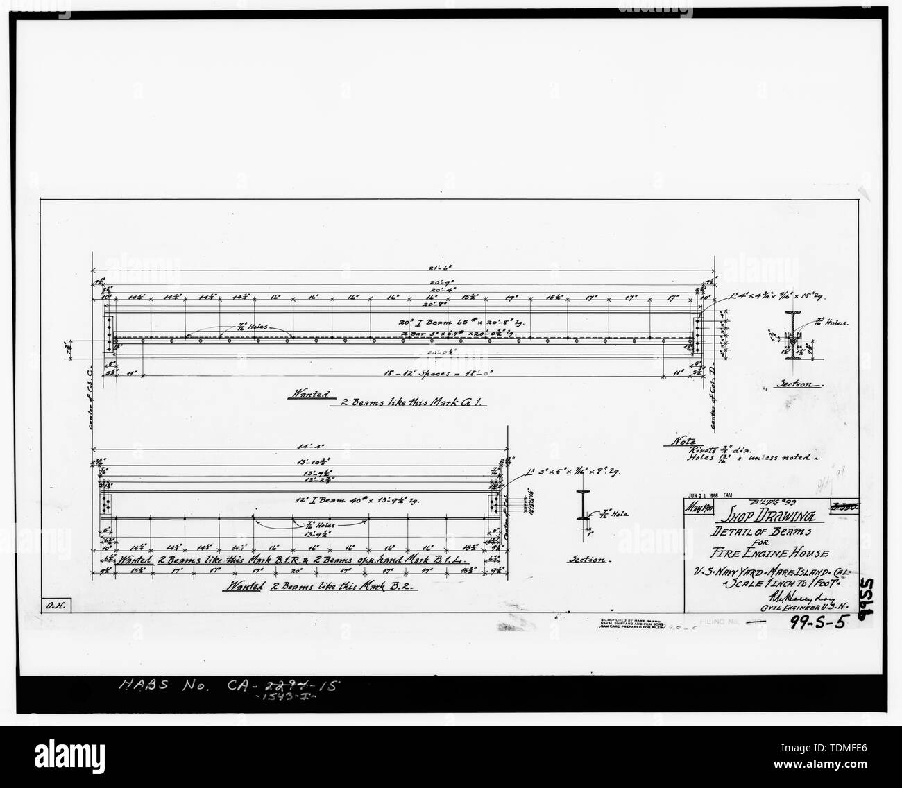 Photocopie de dimensions 99-S-5, dessin d'atelier, détail des poutres POUR FIRE ENGINE HOUSE, mai 1900. - Mare Island Naval Shipyard, Firehouse, Vallejo, comté de Solano, CA Banque D'Images
