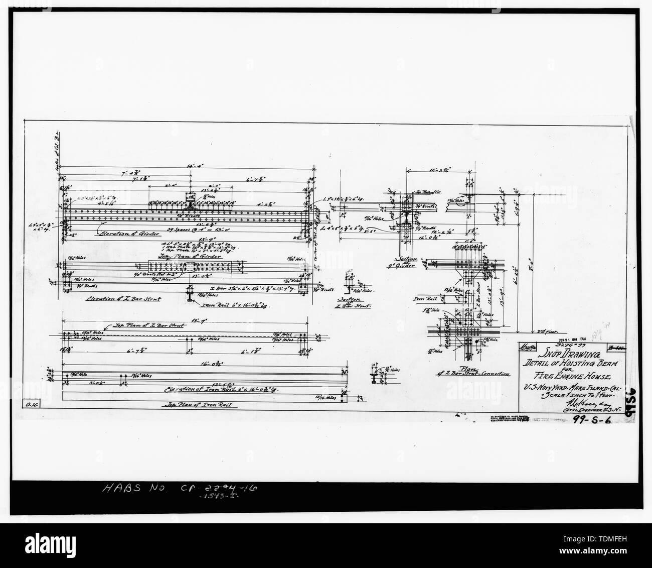 Photocopie de dimensions 99-S-6, dessin d'atelier, DÉTAIL DE FAISCEAU DE LEVAGE POUR FIRE ENGINE HOUSE, mai 1900. - Mare Island Naval Shipyard, Firehouse, Vallejo, comté de Solano, CA Banque D'Images