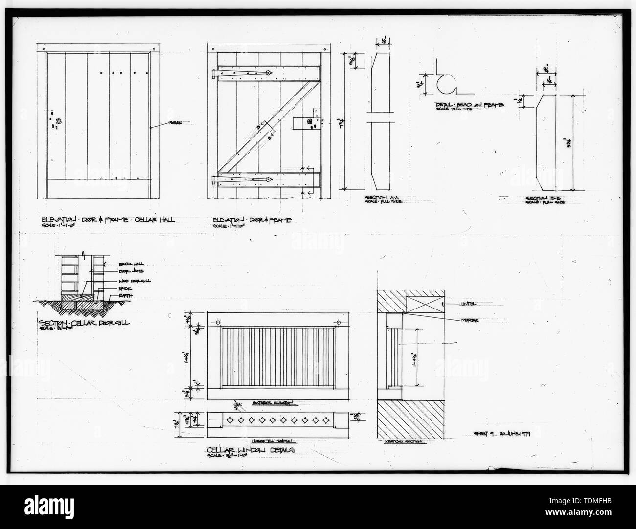 Photocopie de dessin, AILE ARRIÈRE, CAVE DÉTAILS, HALL, et le châssis de porte, fenêtre - Liberty Hall, principales rues et Wilkinson, Francfort, Comté de Franklin, KY ; Jefferson, Thomas ; Brown, John ; Brown, Mason Banque D'Images