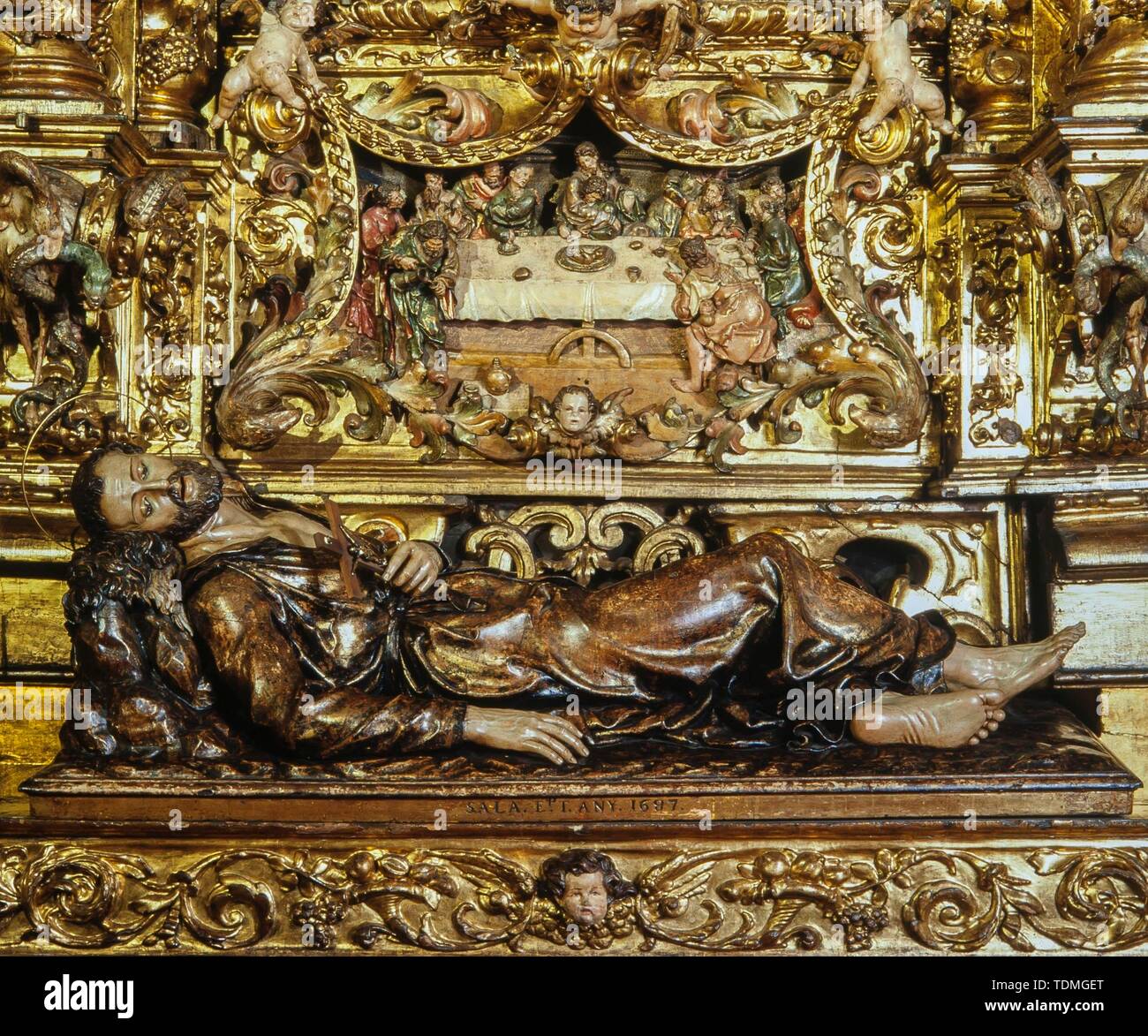 Andreu Sala / couché Saint François-Xavier, retable de Saint Pacian de la cathédrale de Barcelone, bois, ch. 1687. Banque D'Images