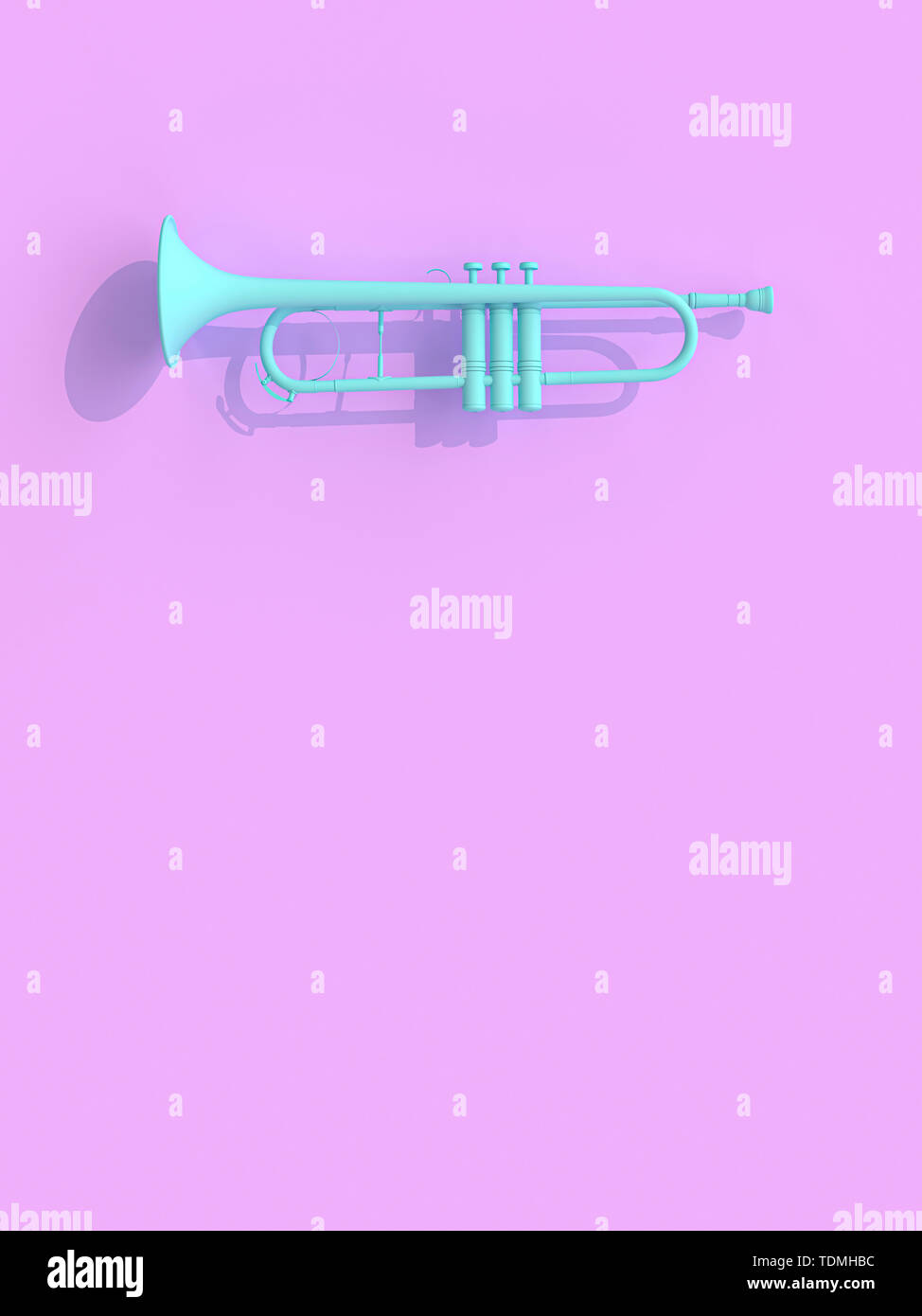 Trompette bleu sur fond violet, le rendu d'images 3D dans le style de mise à plat. Banque D'Images