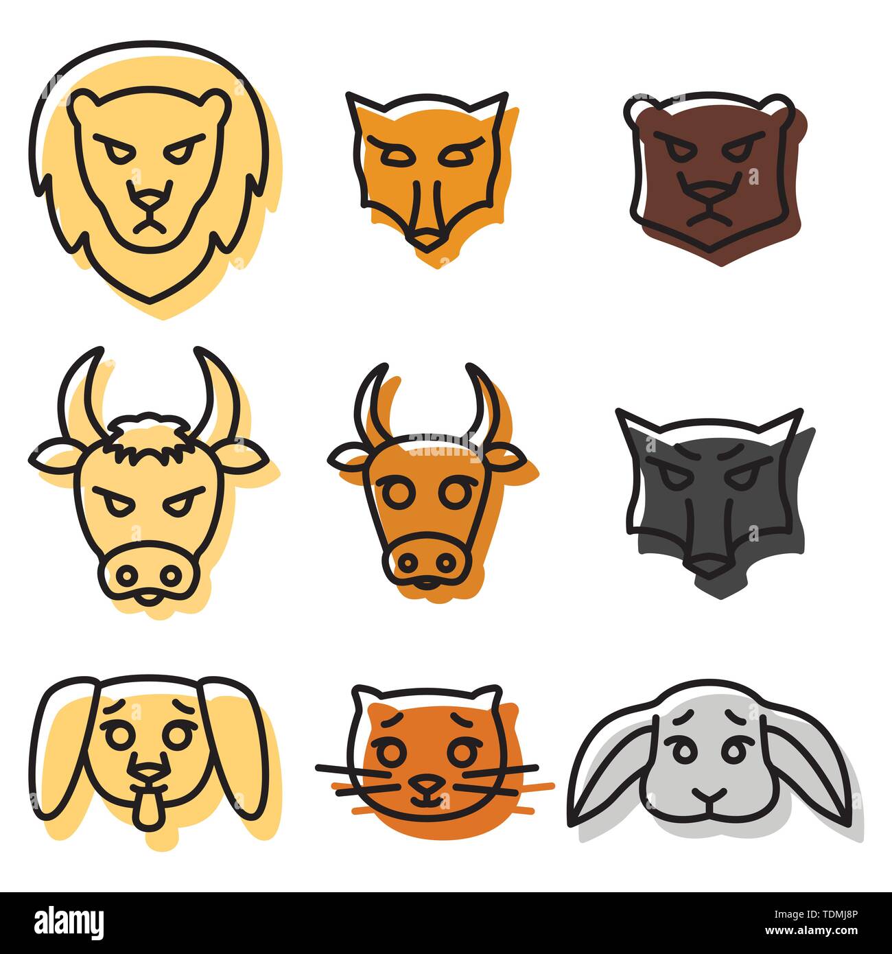 Ensemble d'icônes ou de logos avec les sauvages, et les animaux de ferme à l'illustration vectorielle, style linéaire. Illustration de Vecteur