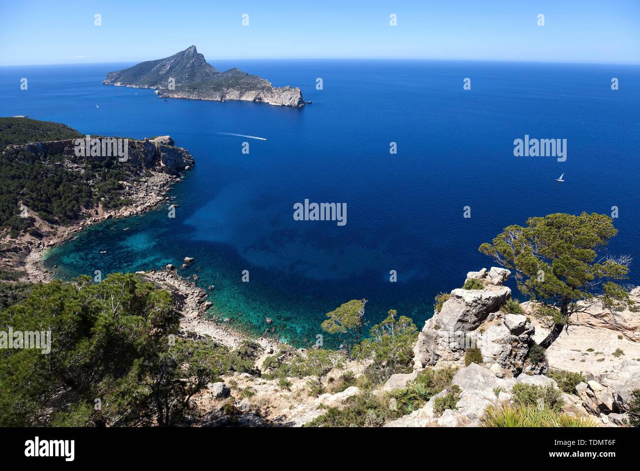 Vue de l'île Sa Dragonera et dragon de la côte près de Sant Elm, Majorque, Îles Baléares, Espagne Banque D'Images