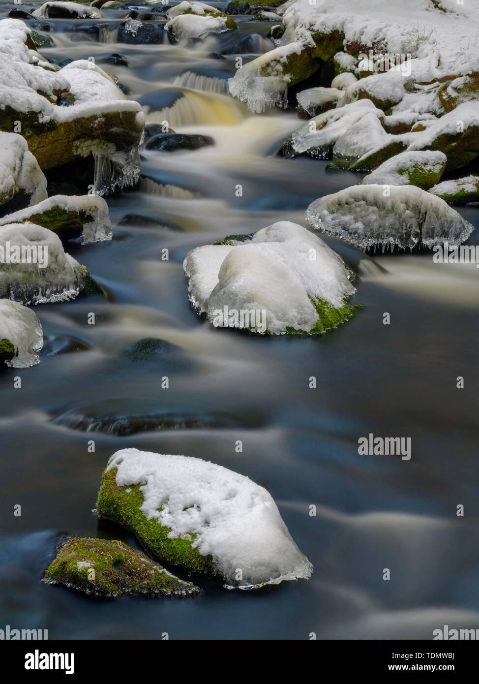 Fleuve sauvage avec de la glace et des pierres couvertes de neige en hiver, Hammerbach, longue exposition, Parc National de Sumava, forêt de Bohême, République Tchèque Banque D'Images
