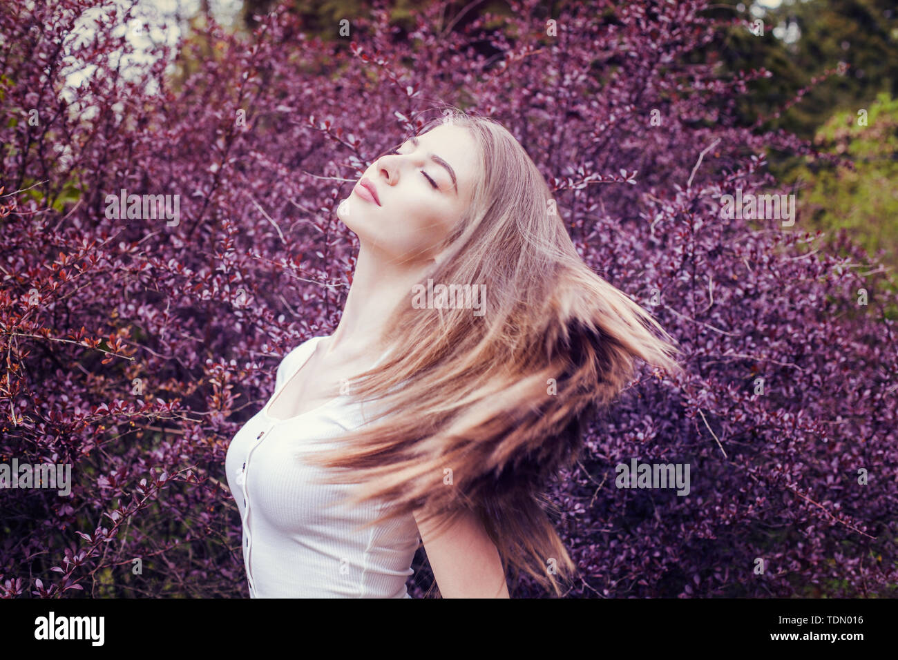 Jolie jeune femme aux longs cheveux raides portrait contre purple flowers background Banque D'Images