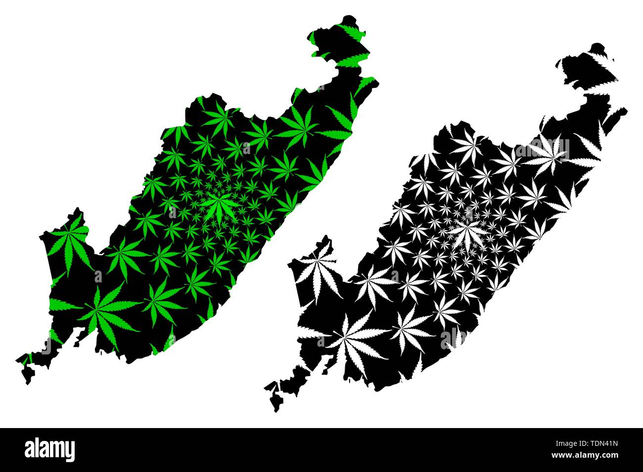 Flandre orientale (Russie, Fédération de Russie), krais de site est conçu de feuilles de cannabis vert et noir, Territoire maritime (Primorye) carte de Illustration de Vecteur