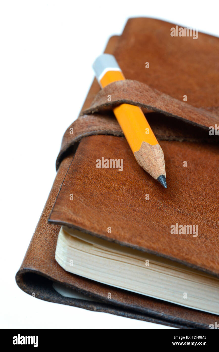 Bleistift auf Notizbuch, Tagebuch, Reisetagebuch Banque D'Images
