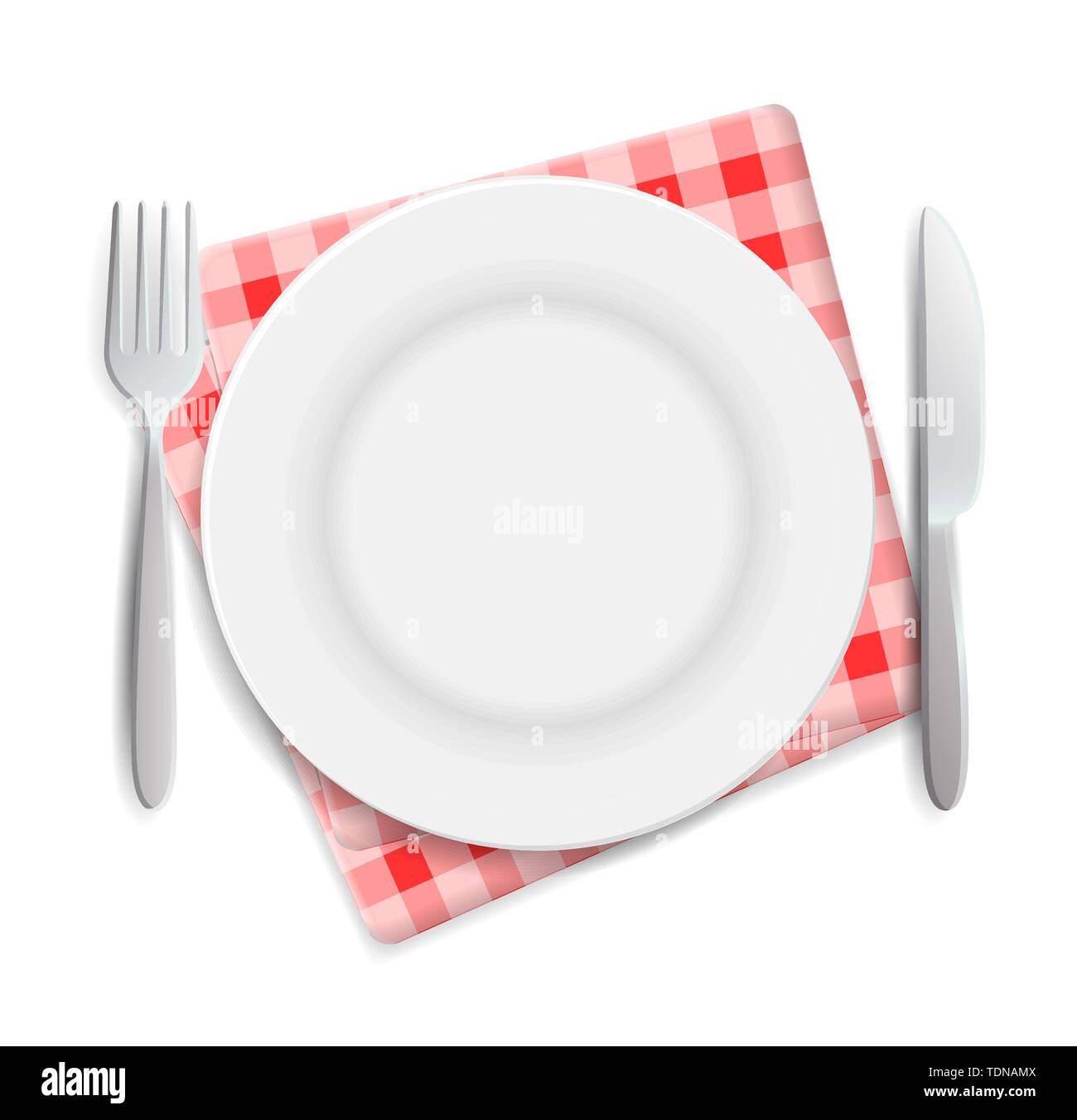 La plaque vide réaliste, fourchette et couteau rouge à carreaux servi sur une vue supérieure de la serviette illustration vectorielle. Peut être utilisé pour la publicité. Illustration de Vecteur