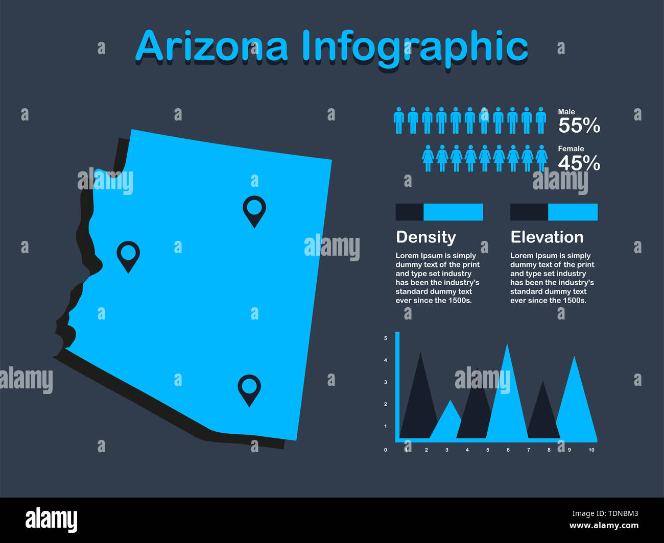 Arizona State (USA) Plan avec ensemble d'éléments en couleur bleu infographique en arrière-plan sombre. L'élément graphique de l'information modernes pour votre conception. Banque D'Images