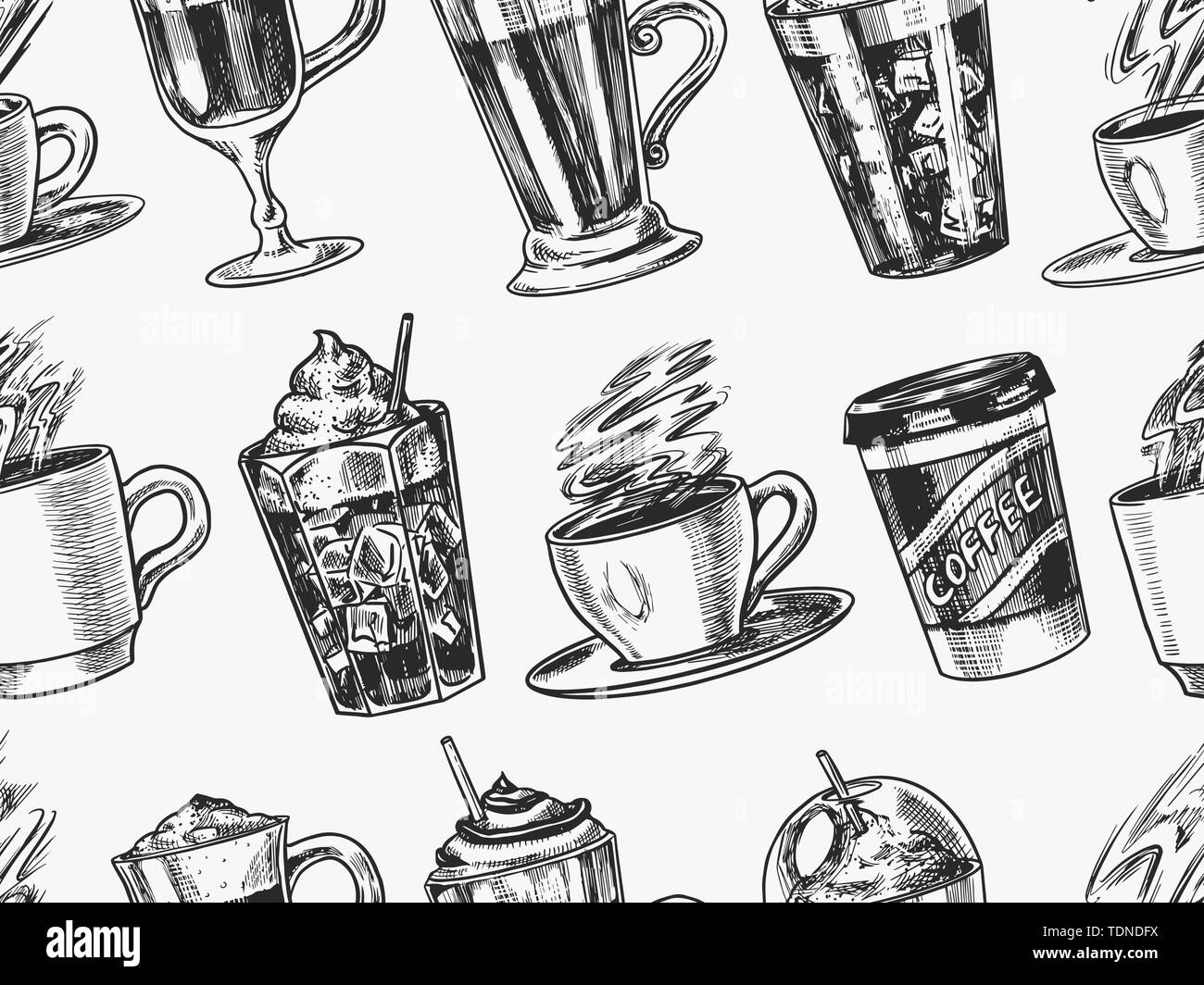 Tasses de café dans l'arrière-plan vintage style. Modèle sans couture. Cappuccino à emporter et glace, machine à expresso et latte, moka et Americano, frappe dans un Illustration de Vecteur