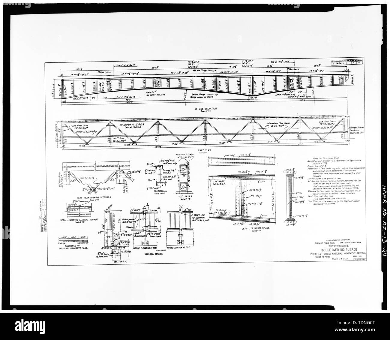 Photocopie de la construction originale dessin, daté d'avril 1931, de l'original en possession de Federal Highway Administration Denver Colorado. Fiche 2- la superstructure. Rio - Pont de Puerco, Route principale, enjambant de Puerco Rio, Holbrook, Navajo Comté, AZ Banque D'Images