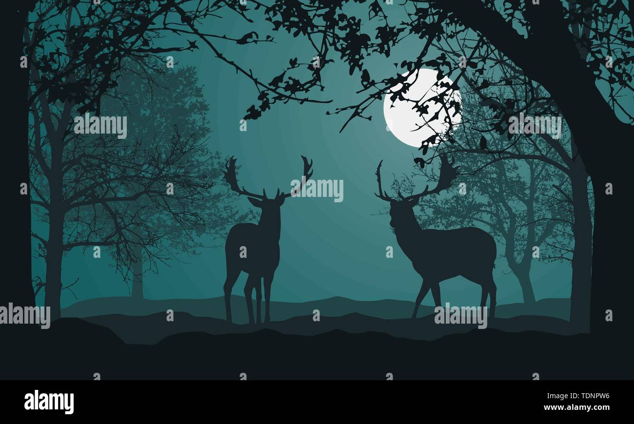 Illustration du paysage en forêt, arbres et collines, sous ciel vert de nuit avec la pleine lune et l'espace pour le texte. Deux deer standing - vector Illustration de Vecteur