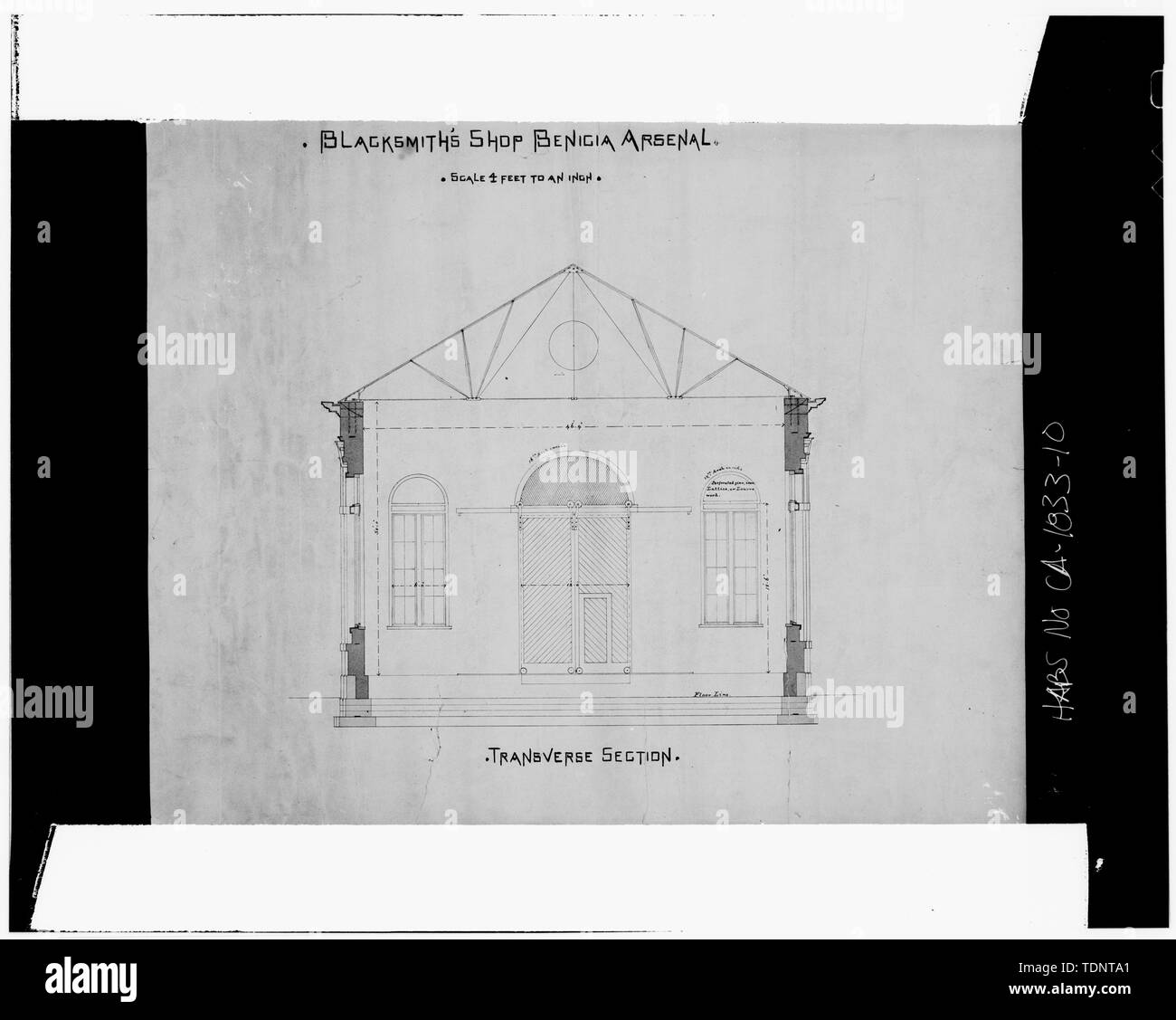 Des Photocopies de dessins originaux (des Archives nationales, cartographique ; Division, Groupe d'enregistrement 156) Délinéateur inconnu. (À partir d'un dossier 5) 'BLACKMITH'S SHOP À BENICIA ARSENAL, SECTION TRANSVERSALE' - Benicia Arsenal, Shop Bâtiments, Tyler Street, Benicia Industrial Park, Benicia, comté de Solano, CA Banque D'Images