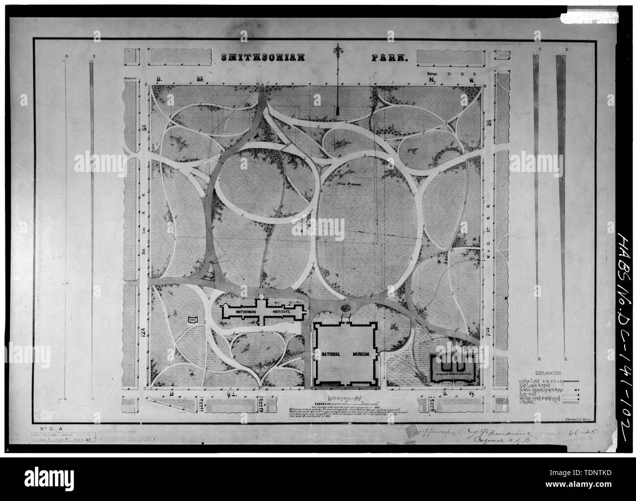 Photocopie de plan de 1882 à 1891 annoté motifs Smithsonian. Affiche en Grand Hall du Château.' 'PARK - SMITHSONIAN Smithsonian Institution Building, 1000 Jefferson Drive, entre les neuvième et douzième Rue, sud-ouest, Washington, District of Columbia, DC Banque D'Images