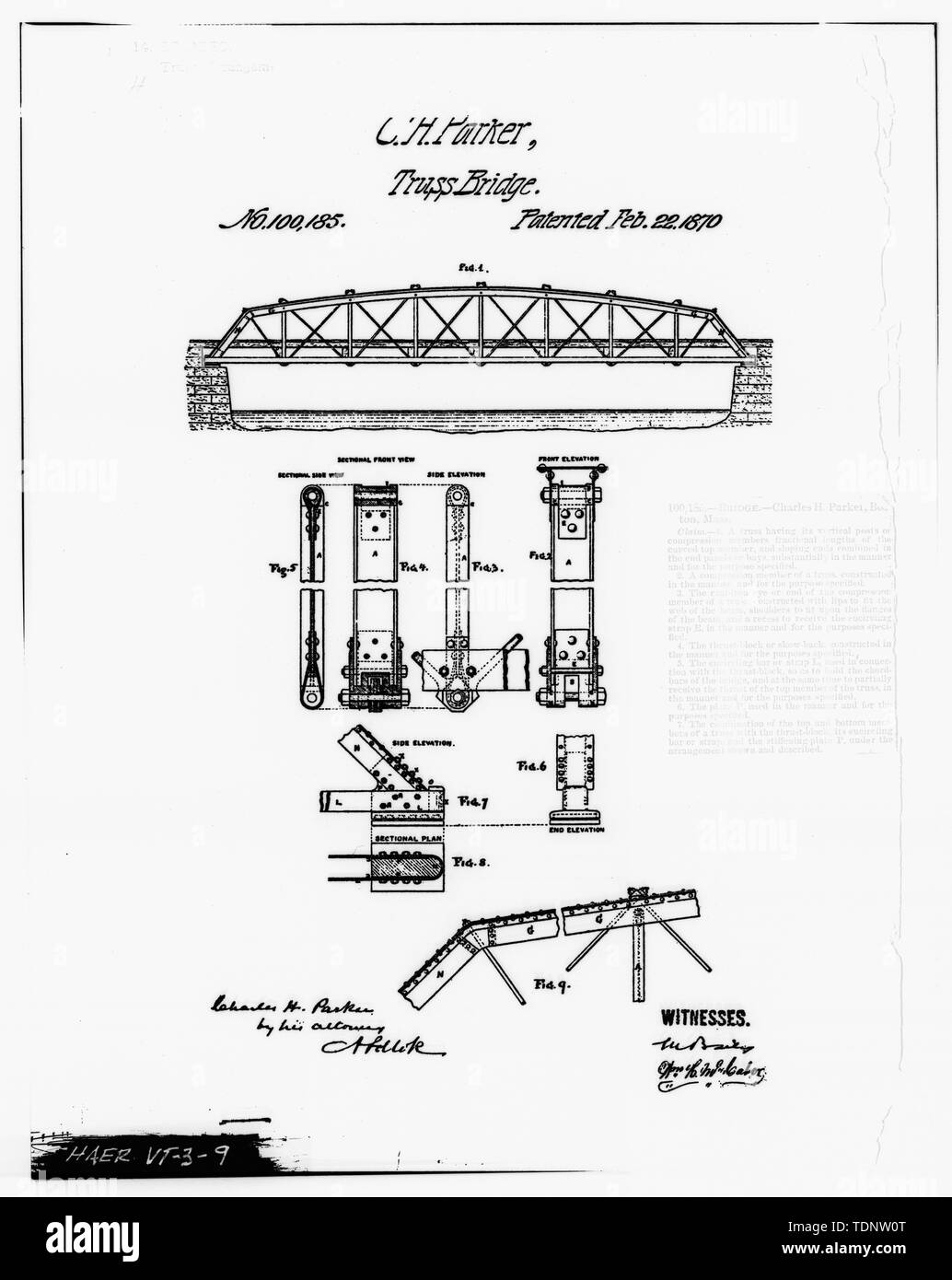 Photocopie de Charles H. Parkers (brevet original en possession de United States Patent Office) BREVET DE DESSIN C. H. PARKER TRUSS BRIDGE - Pont de la rue de l'Orme, enjambant la rivière Ottauquechee, Woodstock, comté de Windsor, VT ; Pont National et de fer ; de l'entreprise et de Woodstock Royalton Turnpike Company ; Raymond, William ; Raymond, Barna ; Marsh, Charles P ; Parker, Charles H ; Parker, un W ; Blodgett, William A ; Curry, Cadwallader ; Clement, Dan, émetteur ; Christianson, Justine, émetteur Banque D'Images