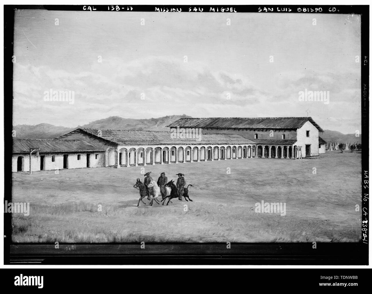 Photocopie de la peinture (à l'origine de Young Museum, San Francisco, Oriana jour Peintures 1861-1865) Photographe inconnu, février 1940 MISSION DE PEINTURE EXTÉRIEURE complexe montrant avant 1835 - Mission San Miguel Arcangel, Autoroute 101, San Miguel, San Luis Obispo County, CA Banque D'Images