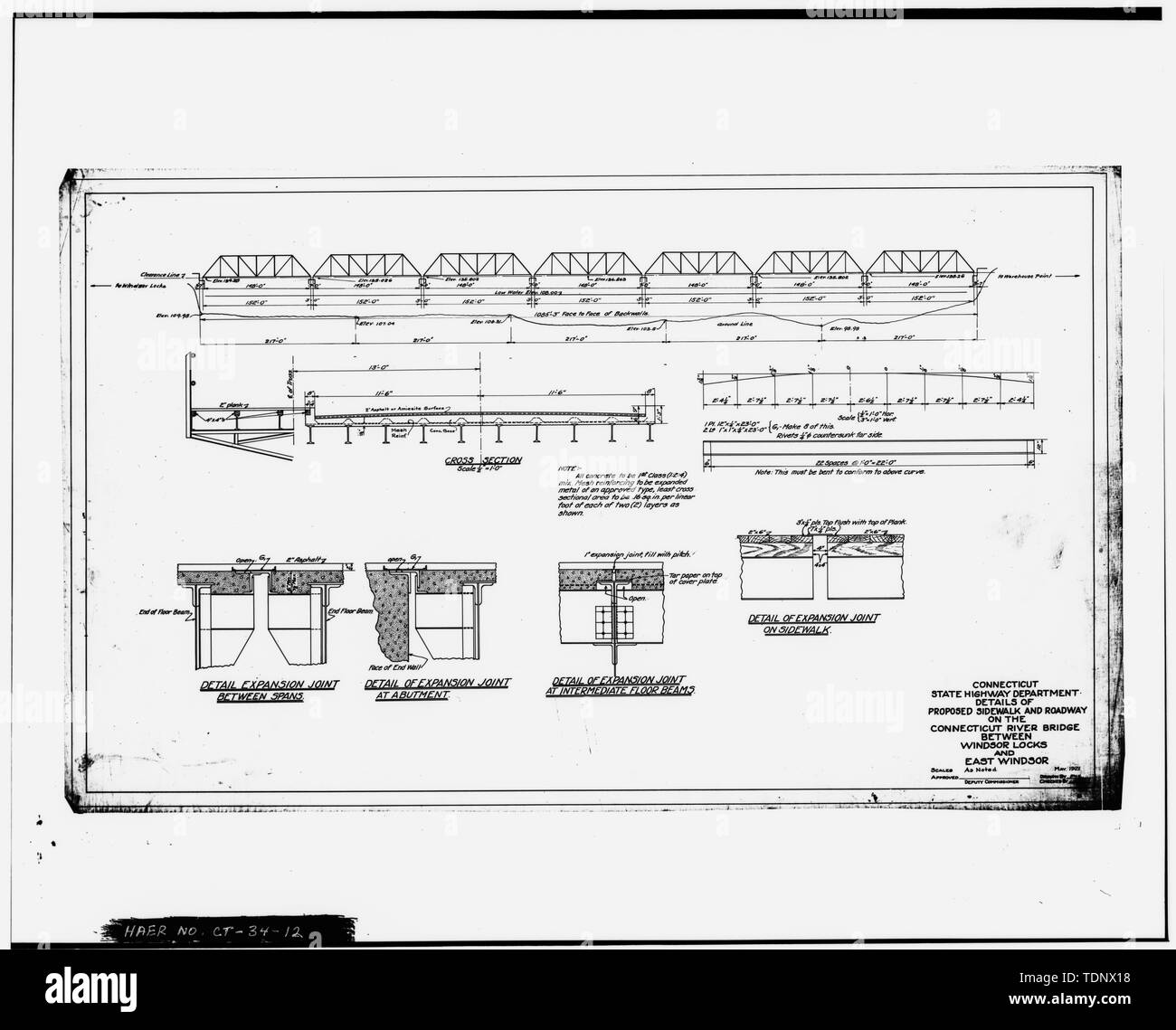 Photocopie de plans - DÉTAILS DE PROJET DE TROTTOIR ET CHAUSSÉE - Rue Du Pont, pont enjambant la rivière Connecticut CT sur la State Route 140, Windsor Locks, comté de Hartford, CT Banque D'Images