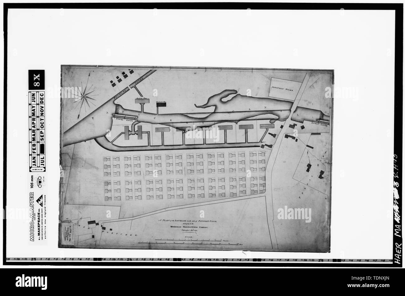 Photocopie d'un dessin original (dans la Collection de l'PLandC, Durée 106, dessin 599, maintenant conservés à l'Institut Technologique, Lowell Lowell, MA) UN PLAN DU TERRAIN SUR LE CÔTÉ SUD DU CANAL PAWTUCKET APPARTENANT À L'ENTREPRISE DE FABRICATION DE MERRIMACK, janvier 1824 - Pawtucket Canal, écluses, Garde Lowell, Middlesex, MA, Merrimack Manufacturing Company ; Francis, J B ; Propriétaires des écluses et des canaux sur le Merrimack River ; Jackson, Jonathan ; Tyler, Joseph ; Clark, Thomas ; Boott, Kirk ; Lewis, Joel ; Boyden, Urie ; Jackson, Patrick Tracy ; Hawley, Monica E, émetteur ; Boucher, Jack, ph Banque D'Images