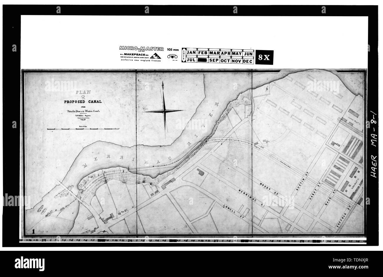 Photocopie d'un dessin original (dans la Collection de l'PLandC, Durée 114, dessin 1) PLAN DE CANAL DE PAWTUCKET BARRAGE POUR CANAL DE L'OUEST, octobre 1839 - Canal du Nord, Pawtucket et Ford aux environs des rues, Lowell, Middlesex, MA, propriétaires des écluses et des canaux sur le Merrimack River ; Francis, James B ; Hawley, Monica E, émetteur ; Malone, Patrick M, historien ; Boucher, Jack, photographe Banque D'Images