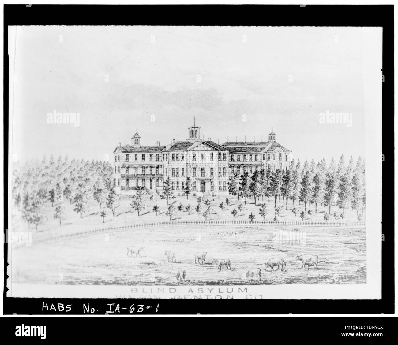 Photocopie d'une gravure (emplacement et le propriétaire inconnu, c. 1875) VUE DE L'EST (FAÇADE AVANT) - Institution de l'Iowa pour l'éducation des aveugles, Vinton, comté de Benton, IA Banque D'Images