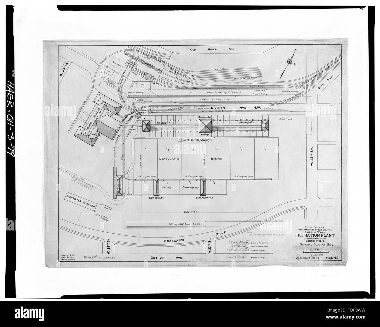 Photocopie de schéma - L-141 dans les fichiers des services publics Ministère de l'ingénierie à Cleveland montrant Plan Général de Division Avenue Usine de filtration. Dimensions du 1914. - Station de pompage de l'Avenue de la Division et l'usine de filtration, West 45th Street et Avenue Division, Cleveland, comté de Cuyahoga, OH Banque D'Images