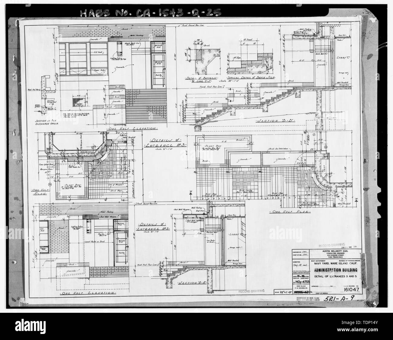 Photocopie de l'établissement situé à Archives nationales, San Bruno, Californie (Marine - 521-A-9). 3 entrées et 5, détails, Mai, 1941. - Mare Island Naval Shipyard, bureaux administratifs, Walnut Avenue, East side entre 7e et 8e rues, Vallejo, comté de Solano, CA Banque D'Images