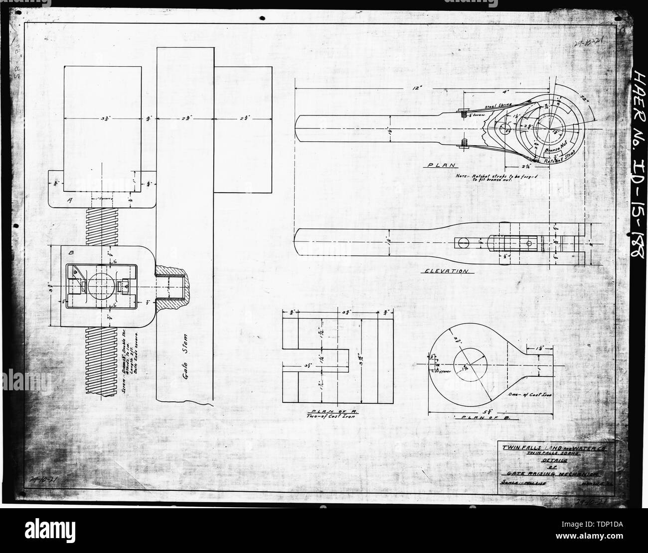 Photocopie de dessin, Twin Falls Canal Company, date inconnue. Détails DU MÉCANISME DE PORTE, aucun plan directeur ;. - Milner Barrage et Canal principal- Twin Falls Canal Company, sur la rivière Snake, 11 milles à l'ouest de la ville de Burley, Idaho, Twin Falls, ID, Twin Falls Comté Banque D'Images