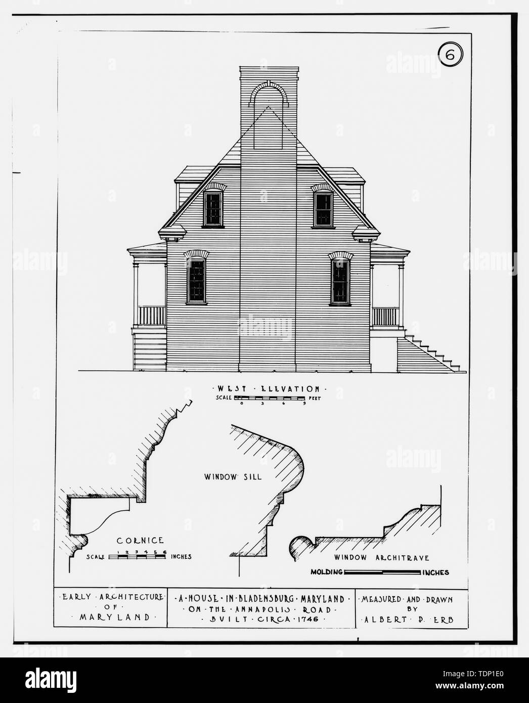 Photocopie de dessin, mesuré et dessiné par Albert P. Erb. Élévation OUEST - Dr David Ross House, Annapolis Road (déplacé à la préservation Hill, Western Run Road, Cockeysville), Bladensburg, comté de Prince George, MD ; Ross, David ; Brostrup, John O, photographe ; Smith, Delos H, photographe ; Peterson, Charles E, photographe ; Peterson, Charles E, photographe Banque D'Images