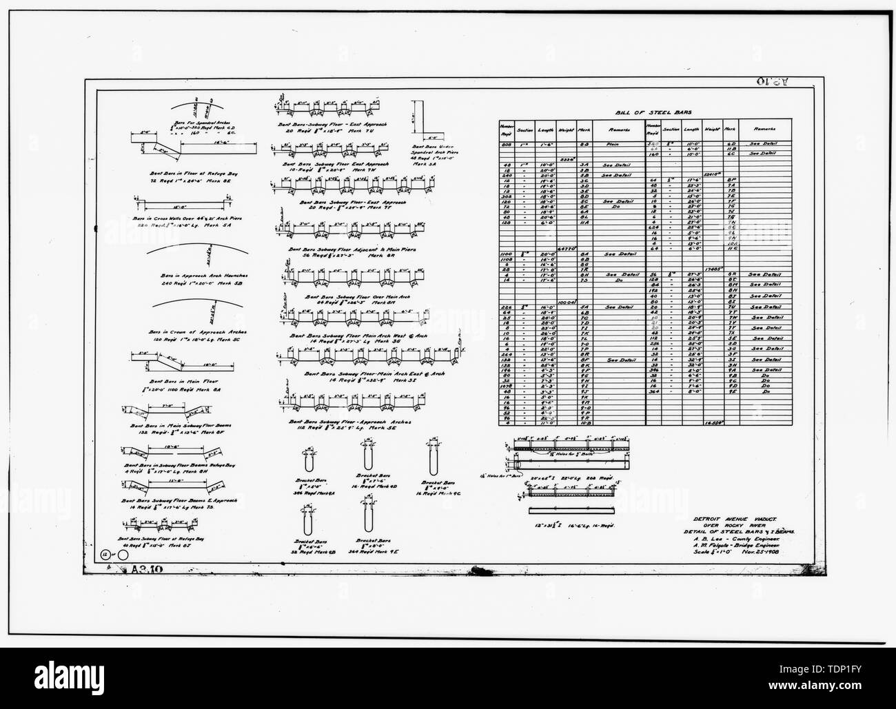 Photocopie de dessin technique (d'origine au bureau du comté de Cuyahoga Engineer)-1908 AVENUE DETROIT VIADUC SUR ROCKY RIVER-DÉTAIL DE BARRES D'ACIER ET I-Beams - Rocky River Bridge, enjambant la rivière Beaver Dam, Rocky River, comté de Cuyahoga, OH Banque D'Images