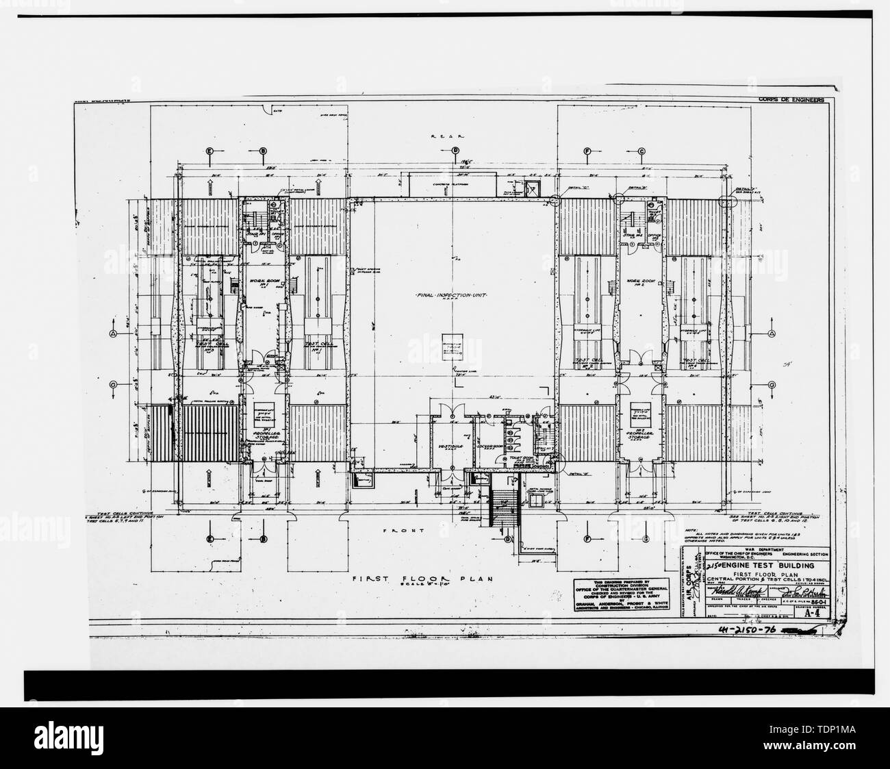 Photocopie de dessin technique, Mai, 1941 (dessin original situé à  Fairchild Air Force Base, le génie civil du bâtiment, du Génie Civil  vault). Cellule de contrôle moteur. Premier plan, PARTIE CENTRALE ET