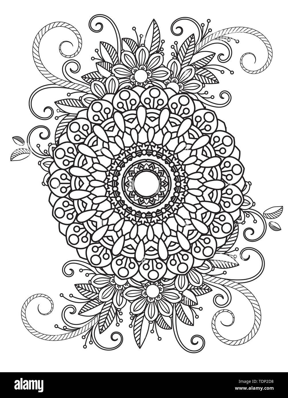 Motif floral mandala en noir et blanc. Livre de coloriage adultes page avec des fleurs et des mandalas. Motif Oriental, affiche des éléments décoratifs. Hand drawn vector illustration Illustration de Vecteur