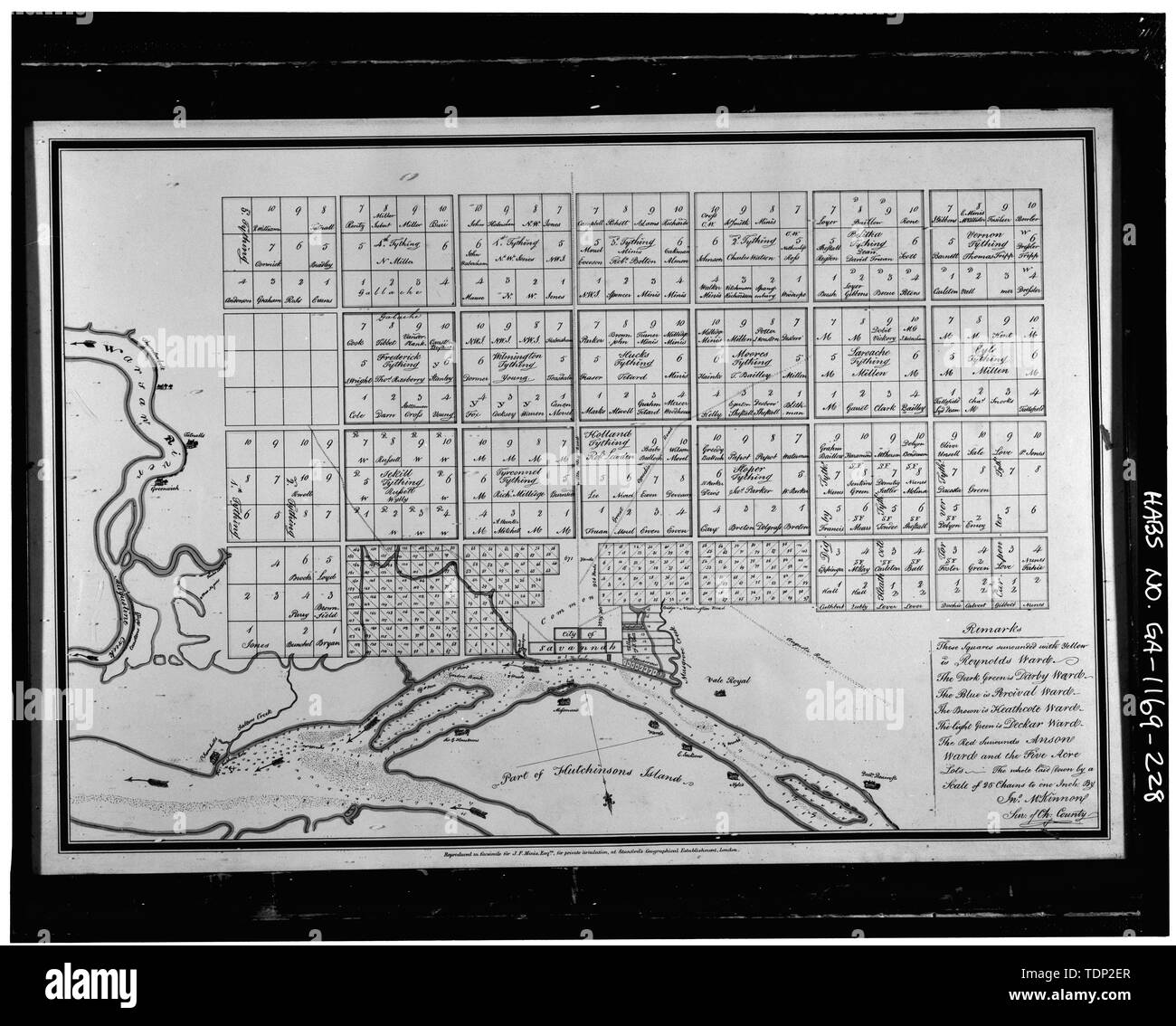 Photocopie de la carte de la ville de Savannah, l'ingénierie Dept. John McKinnon, arpenteur de Chatham County 1800 VILLE DE SAVANNAH ET SES ENVIRONS - Victorian Savannah Historic District, délimité par l'est vaste, Gwinnett, West Broad Street et Anderson Lane, Savannah, le comté de Chatham, GA Banque D'Images