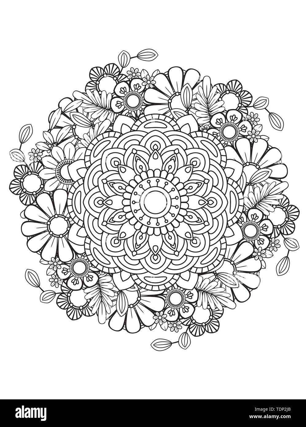 Motif floral mandala en noir et blanc. Livre de coloriage adultes page avec des fleurs et des mandalas. Motif Oriental, affiche des éléments décoratifs. Hand drawn vector illustration Illustration de Vecteur