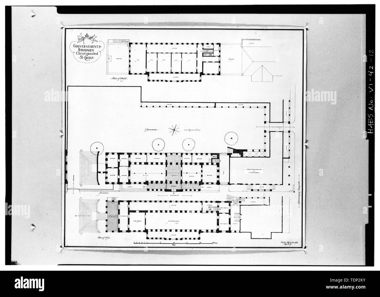 Photocopie de dimensions mesurées (lieu de pas d'origine connue) Tyge Hvass, délinéateur, mai et juin 1919 DES PLANS DE PREMIER ET DEUXIÈME ÉTAGES - Government House, King Street, Christiansted, Sainte-Croix, VI ; Boucher, Jack E, photographe Banque D'Images