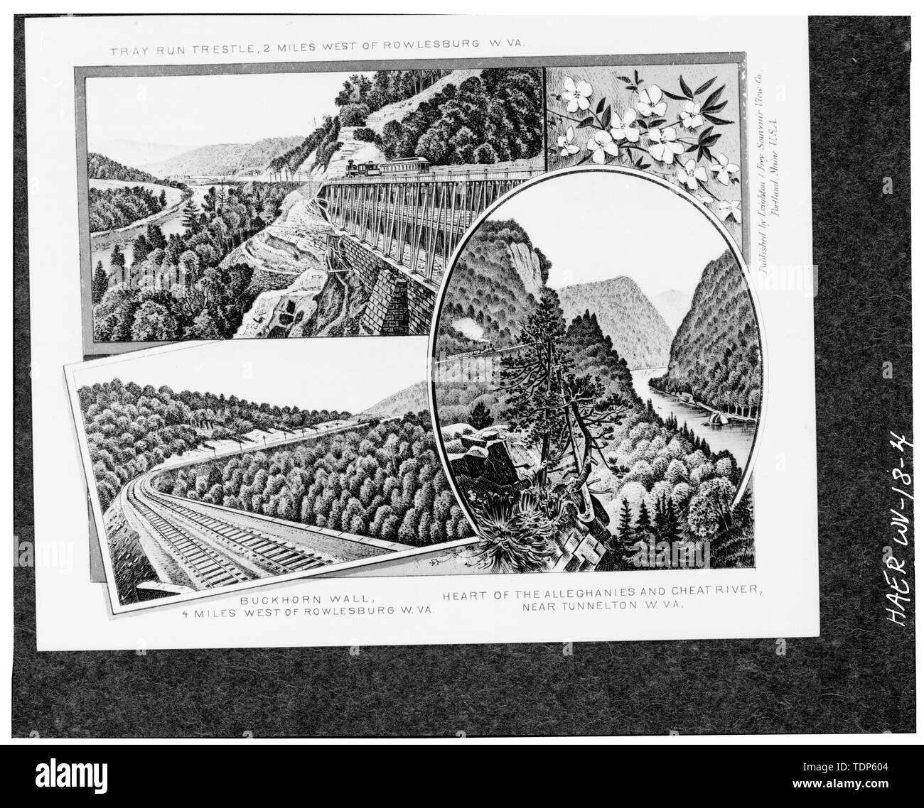 1974 Album Souvenir de photocopiées, Leighton et Frey Voir la fiche de l'entreprise Souvenir, (n.d.). Trois vues de la Baltimore and Ohio Railroad. - Baltimore and Ohio Railroad, en plateau Exécuter Viaduc, enjambant le bac Run, Rowlesburg, Preston County, WV ; Fink, Albert Banque D'Images