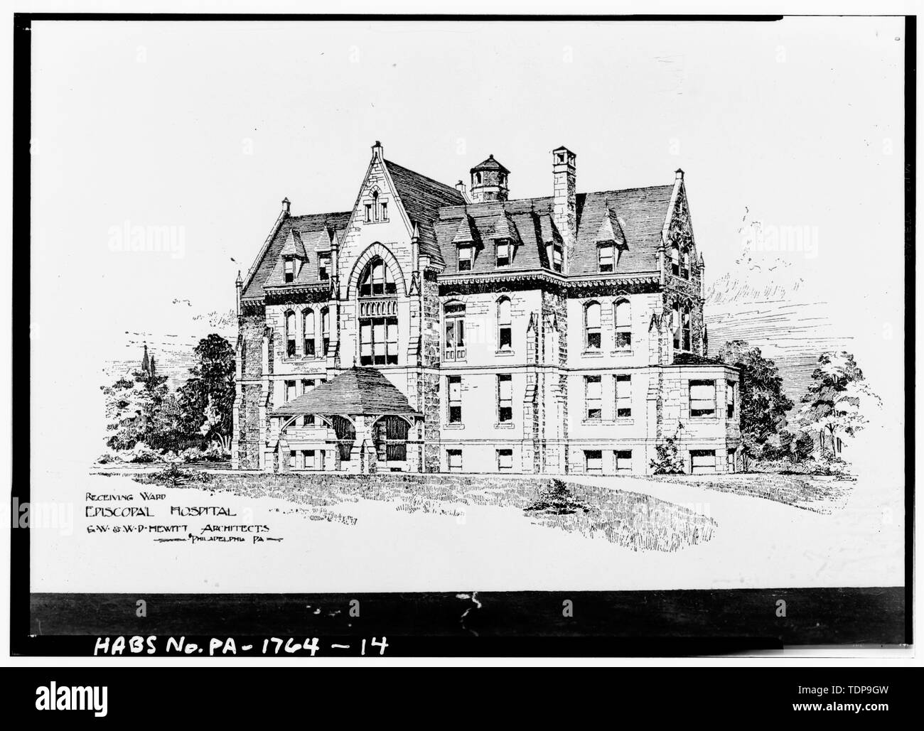 Photocopie de ca. Le rendu de la réception 1891 Ward, construit à l'extrémité ouest entre 1892 et 1894. Conçu par George W. Hewitt et son frère, William D. Hewitt de Philadelphie. - De l'hôpital Protestant Episcopal Church à Philadelphie, rue Front et Lehigh Avenue, Philadelphie, comté de Philadelphie, PA Banque D'Images